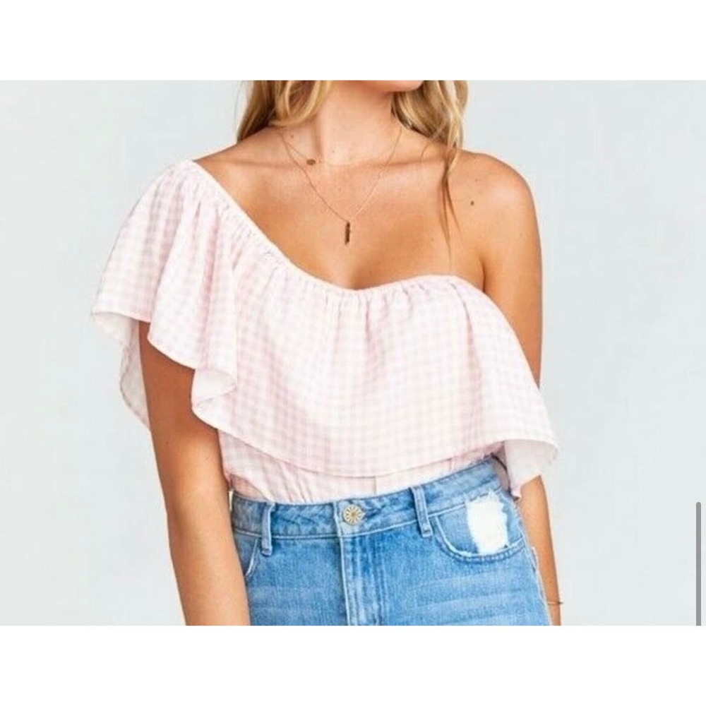 Show Me Your Mumu Brit Brit Women's Top XS Pink Gingham Gauze Off the Shoulder